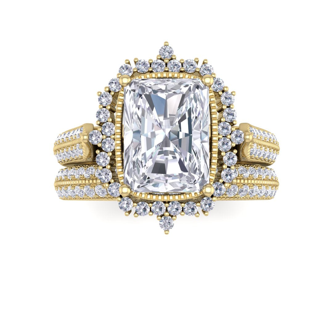 18k Yellow Gold 1.5ct Emerald Cut Diamond Vintage Halo Bridal Set 2.0tdw