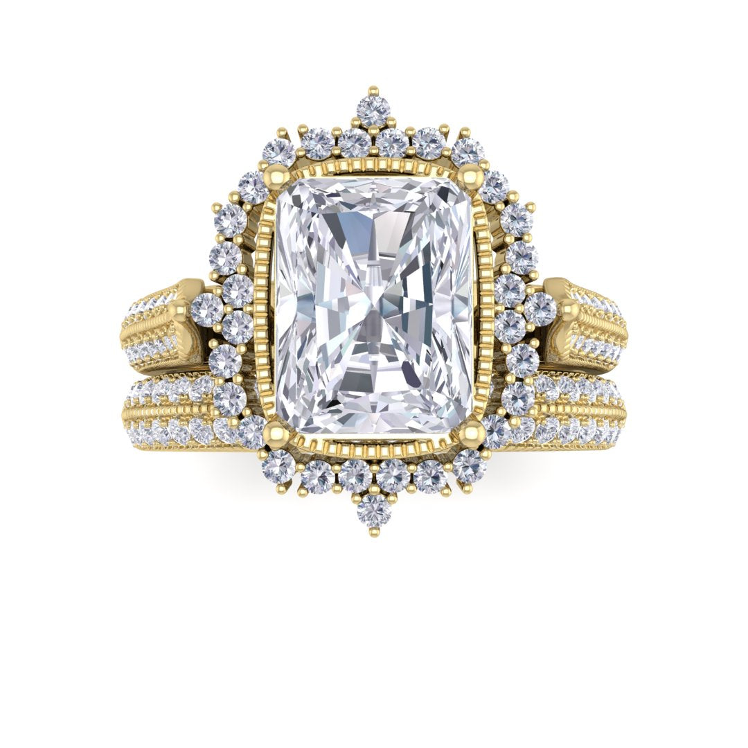 18k Yellow Gold 2.0ct Emerald Cut Diamond Vintage Halo Bridal Set 2.5tdw