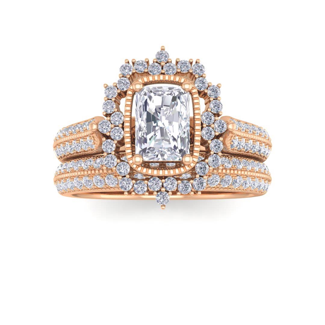 9k Rose Gold 0.33ct Emerald Cut Diamond Vintage Halo Bridal Set 0.83tdw