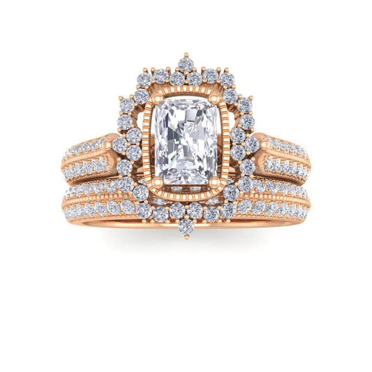 14k Rose Gold 0.33ct Emerald Cut Lab Diamond Vintage Halo Bridal Set 0.83tdw