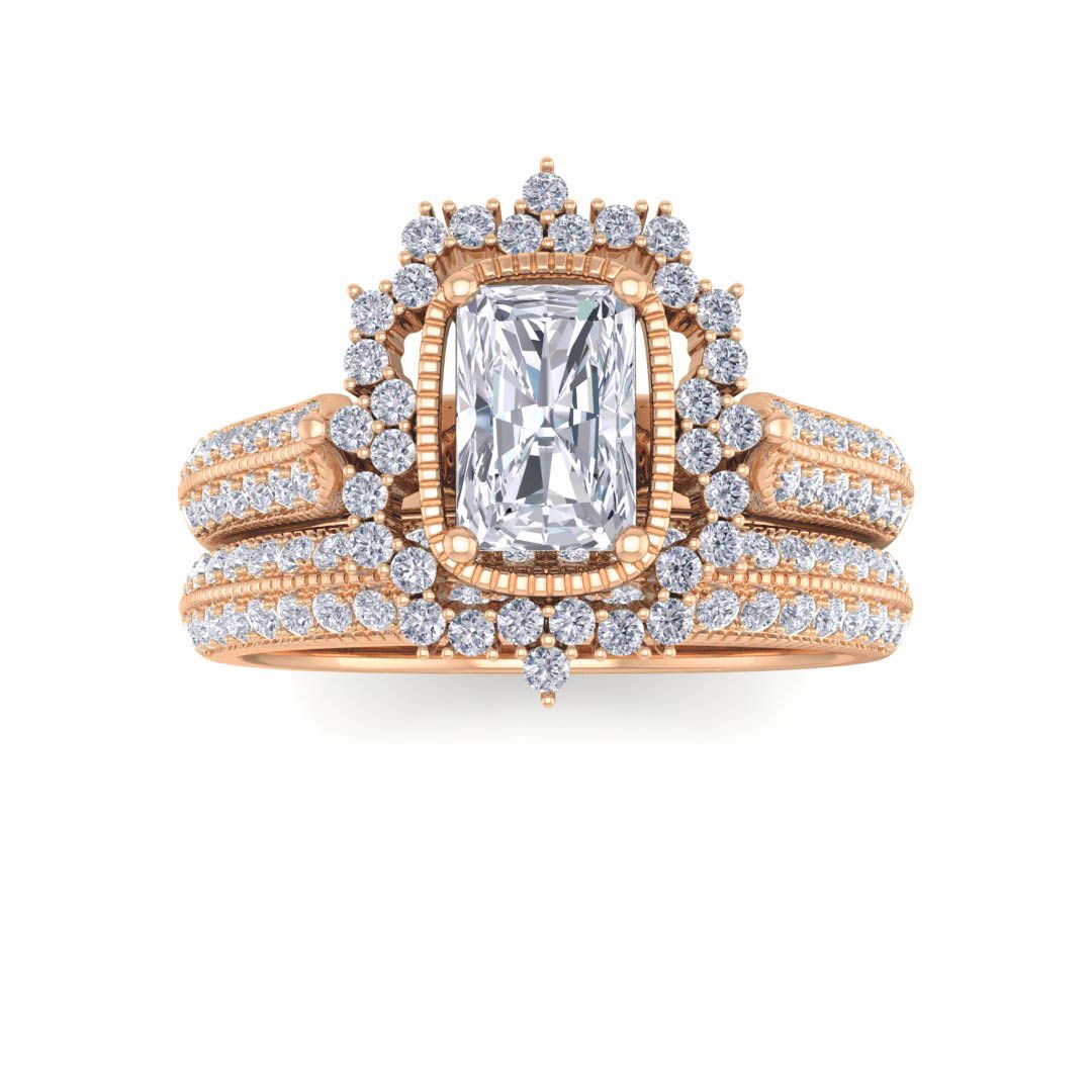 14k Rose Gold 0.5ct Emerald Cut Diamond Vintage Halo Bridal Set 1.0tdw