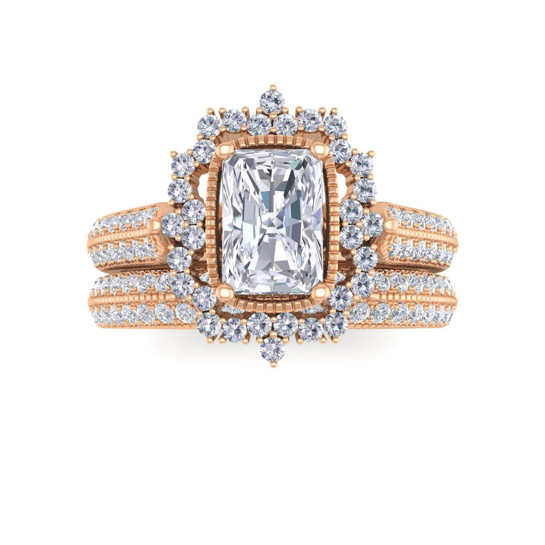 9k Rose Gold 0.75ct Emerald Cut Diamond Vintage Halo Bridal Set 1.25tdw