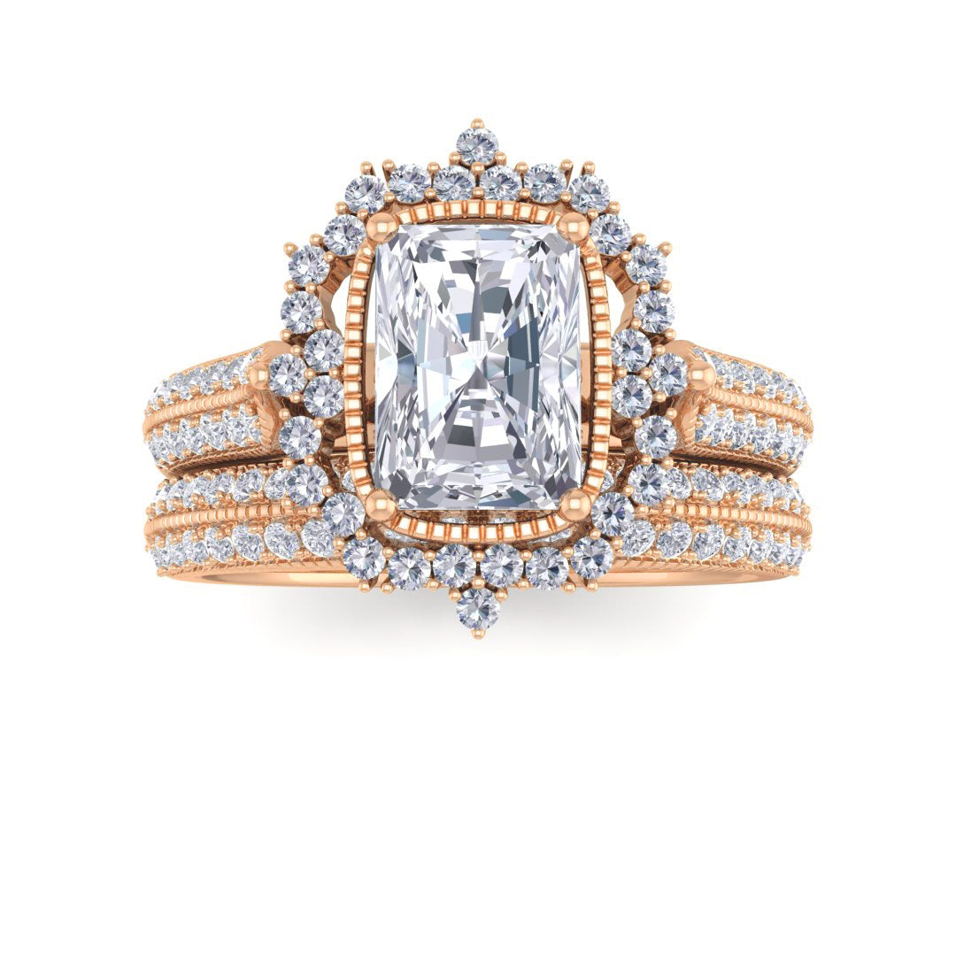 18k Rose Gold 1.0ct Emerald Cut Diamond Vintage Halo Bridal Set 1.5tdw