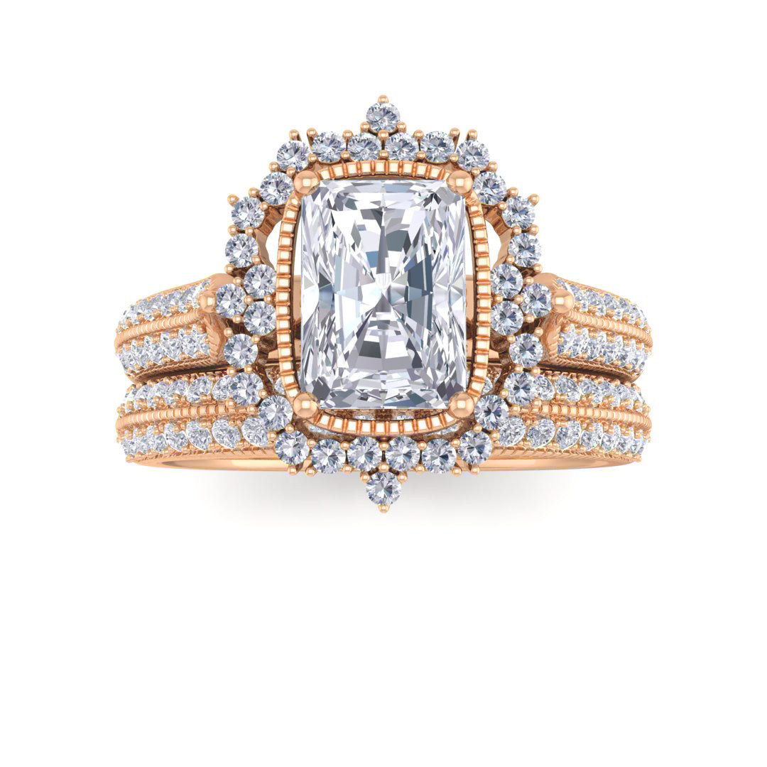14k Rose Gold 1.0ct Emerald Cut Lab Diamond Vintage Halo Bridal Set 1.5tdw