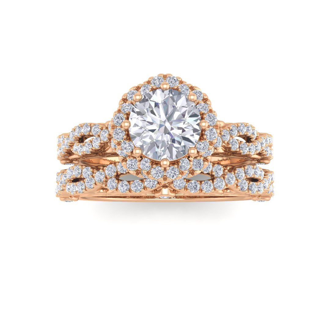 14k Rose Gold 0.75ct Round Brilliant Diamond Flower Halo Bridal Set 1.25tdw