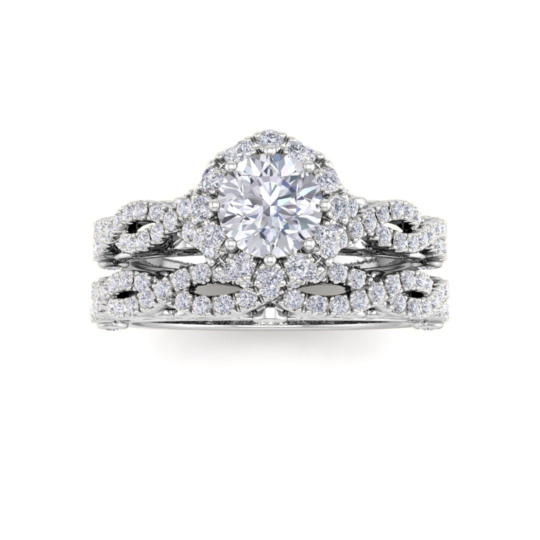 18k White Gold 0.5ct Round Brilliant Diamond Flower Halo Bridal Set 1.0tdw