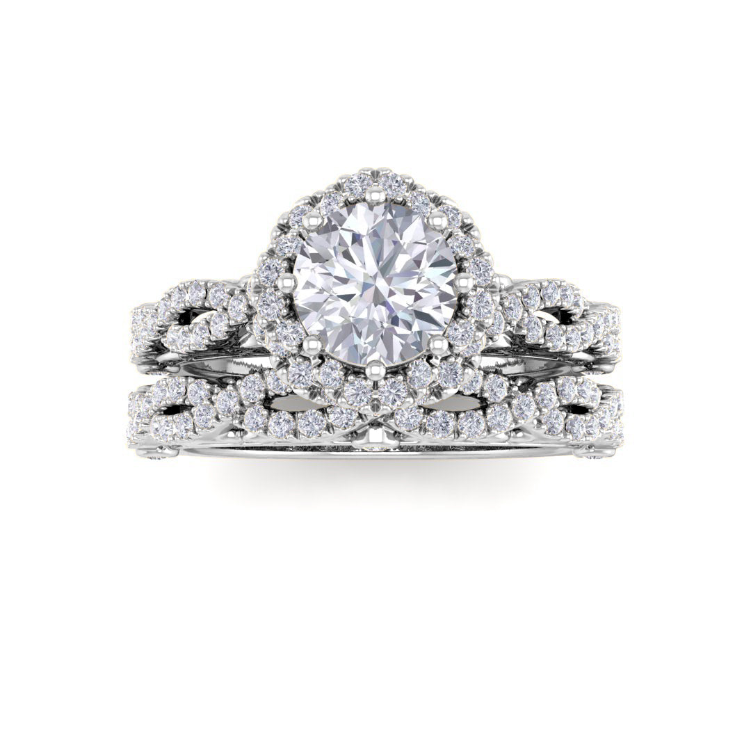 18k White Gold 0.75ct Round Brilliant Diamond Flower Halo Bridal Set 1.25tdw