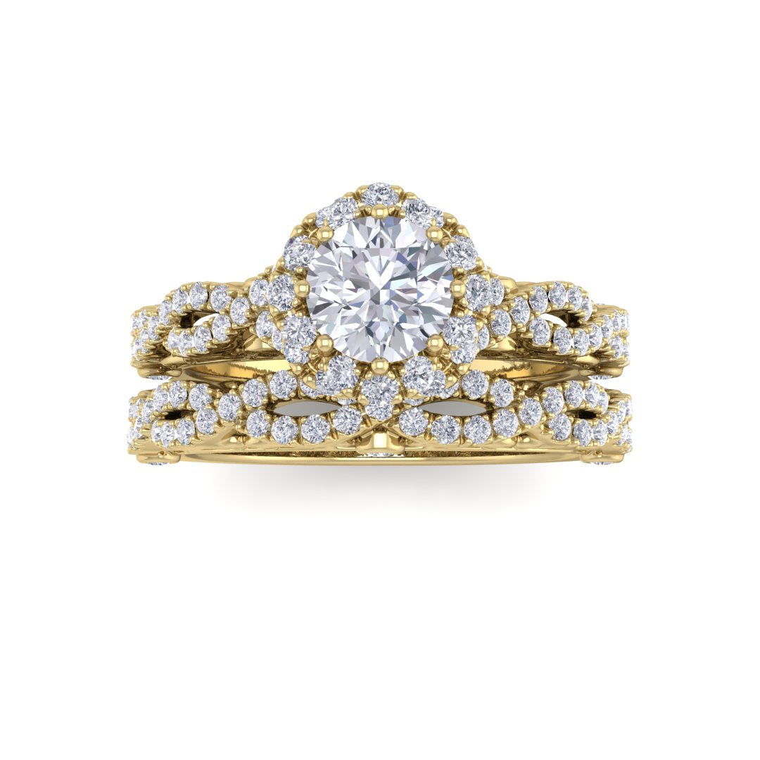 9k Yellow Gold 0.5ct Round Brilliant Diamond Flower Halo Bridal Set 1.0tdw