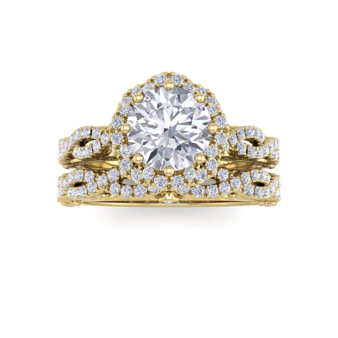 18k Yellow Gold 1.0ct Round Brilliant Diamond Flower Halo Bridal Set 1.5tdw