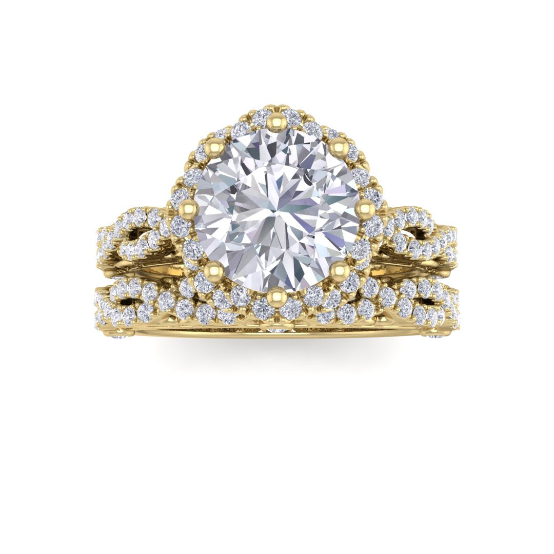 18k Yellow Gold 2.0ct Round Brilliant Diamond Flower Halo Bridal Set 2.5tdw