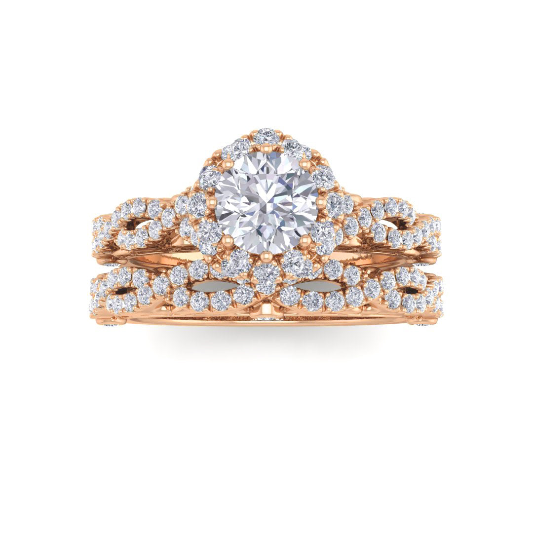 18k Rose Gold 0.5ct Round Brilliant Diamond Flower Halo Bridal Set 1.0tdw
