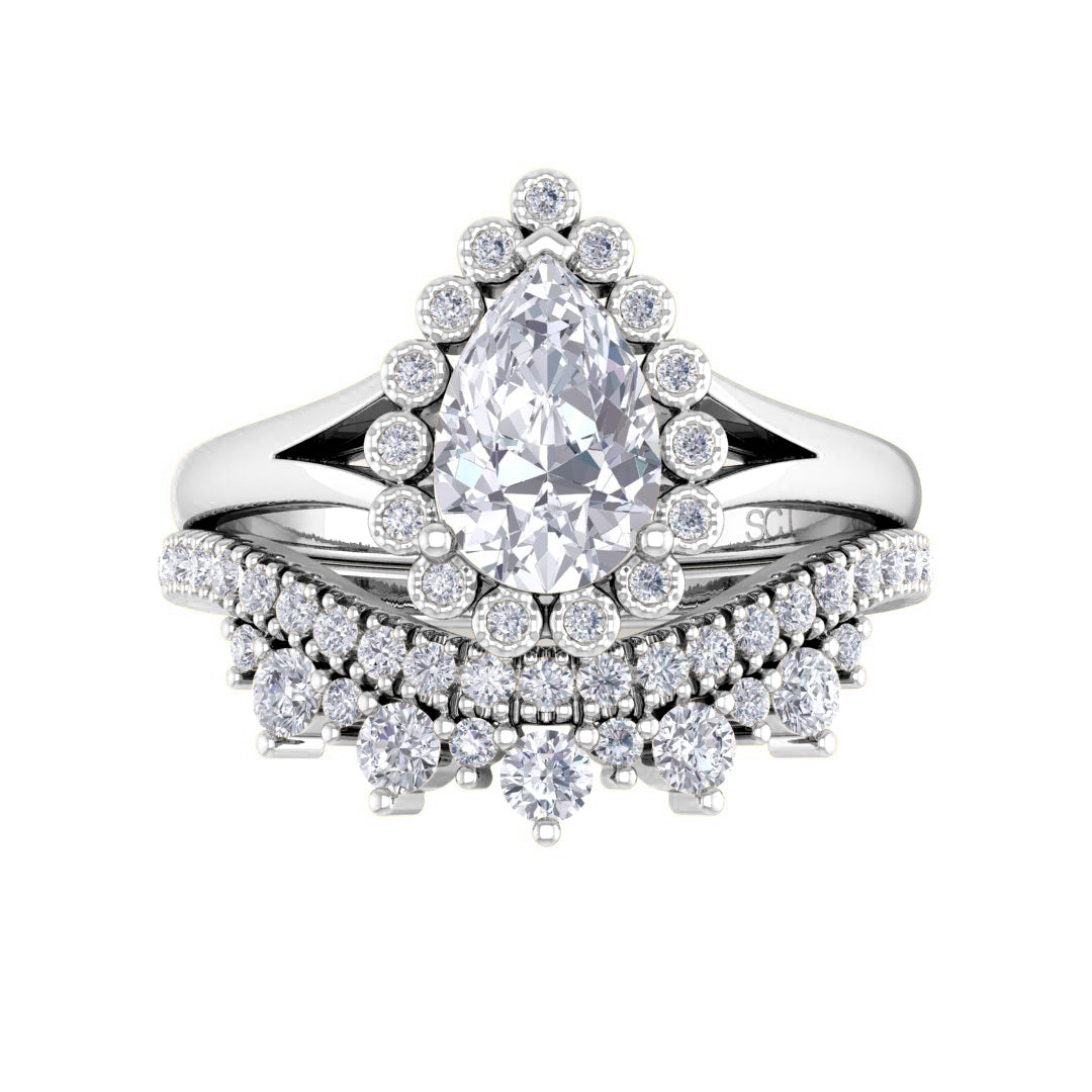 18k White Gold 0.75ct Pear Diamond Halo Tiara Bridal Set 1.15tdw