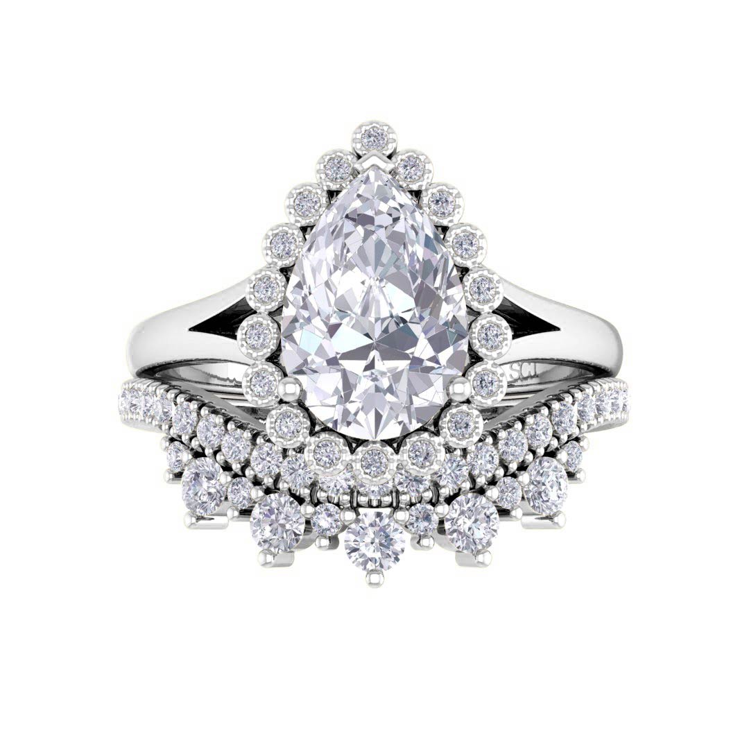 18k White Gold 1.5ct Pear Diamond Halo Tiara Bridal Set 1.9tdw