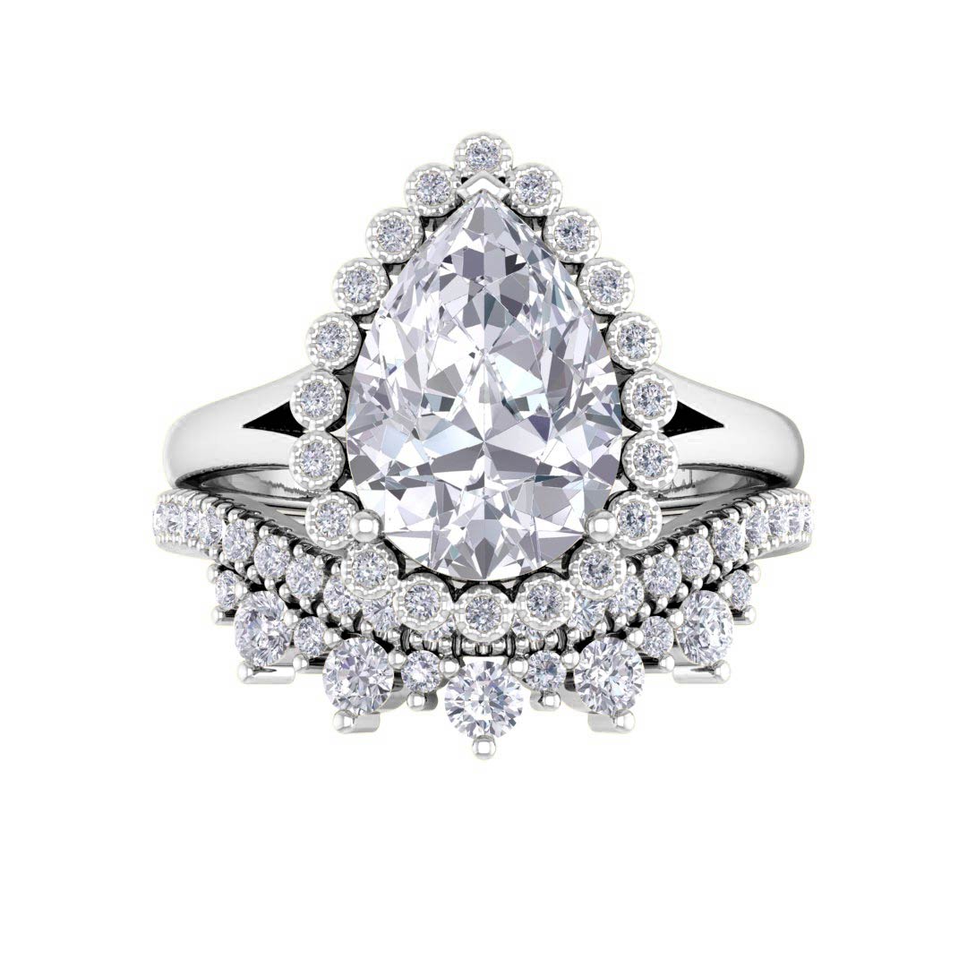 14k White Gold 2.0ct Pear Diamond Halo Tiara Bridal Set 2.4tdw