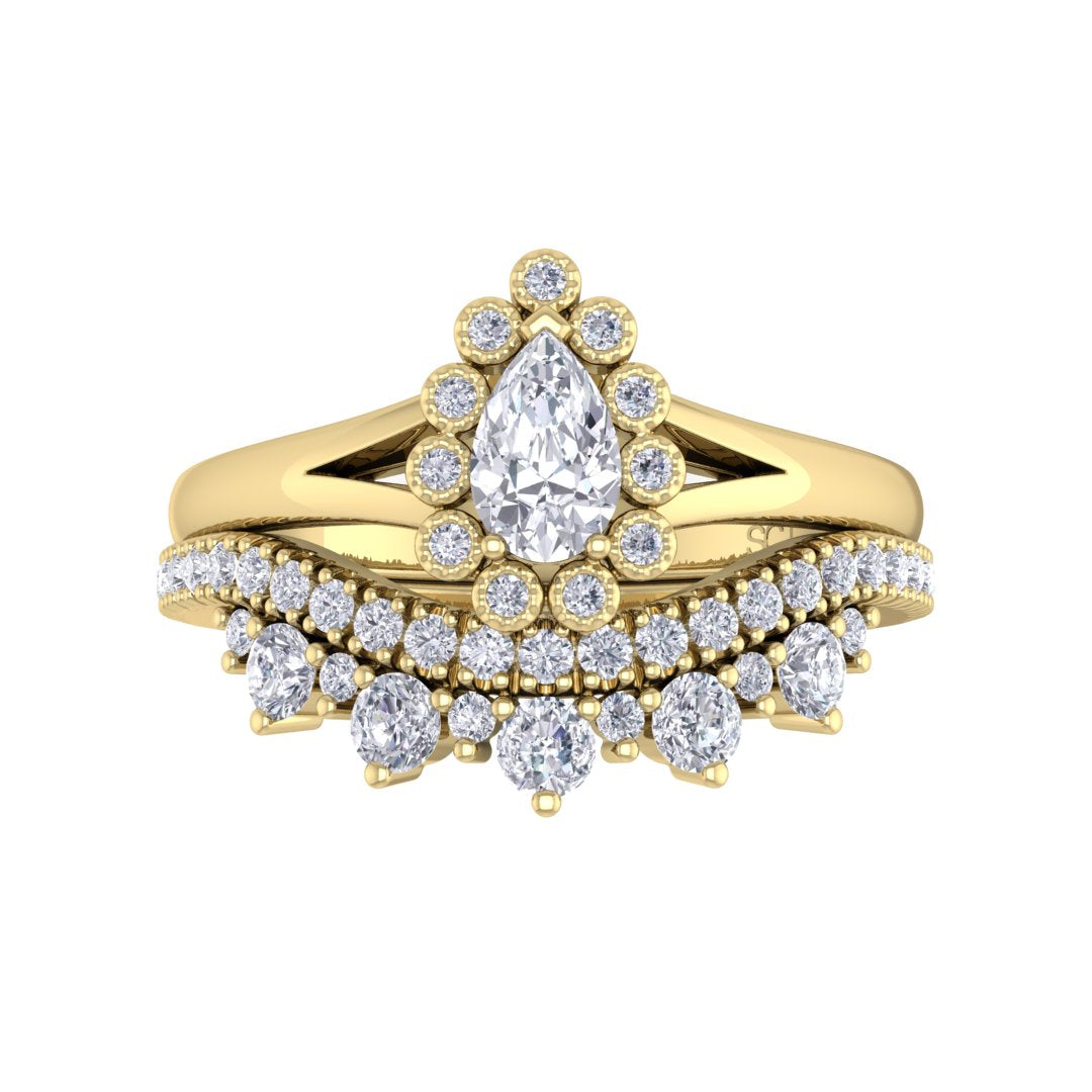 18k Yellow Gold 0.33ct Pear Diamond Halo Tiara Bridal Set 0.73tdw