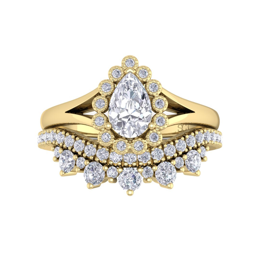 9k Yellow Gold 0.5ct Pear Diamond Halo Tiara Bridal Set 0.9tdw