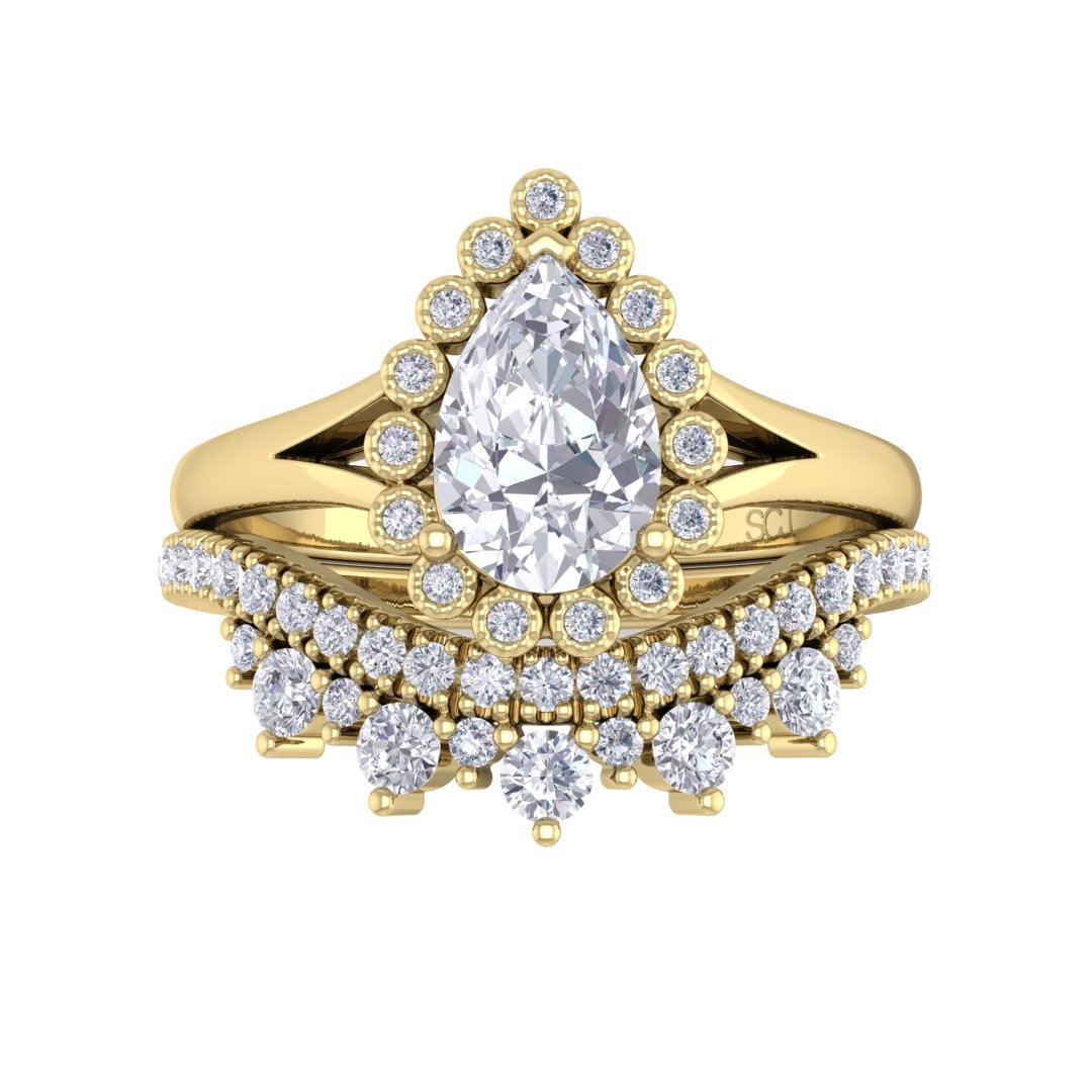 14k Yellow Gold 0.75ct Pear Diamond Halo Tiara Bridal Set 1.15tdw