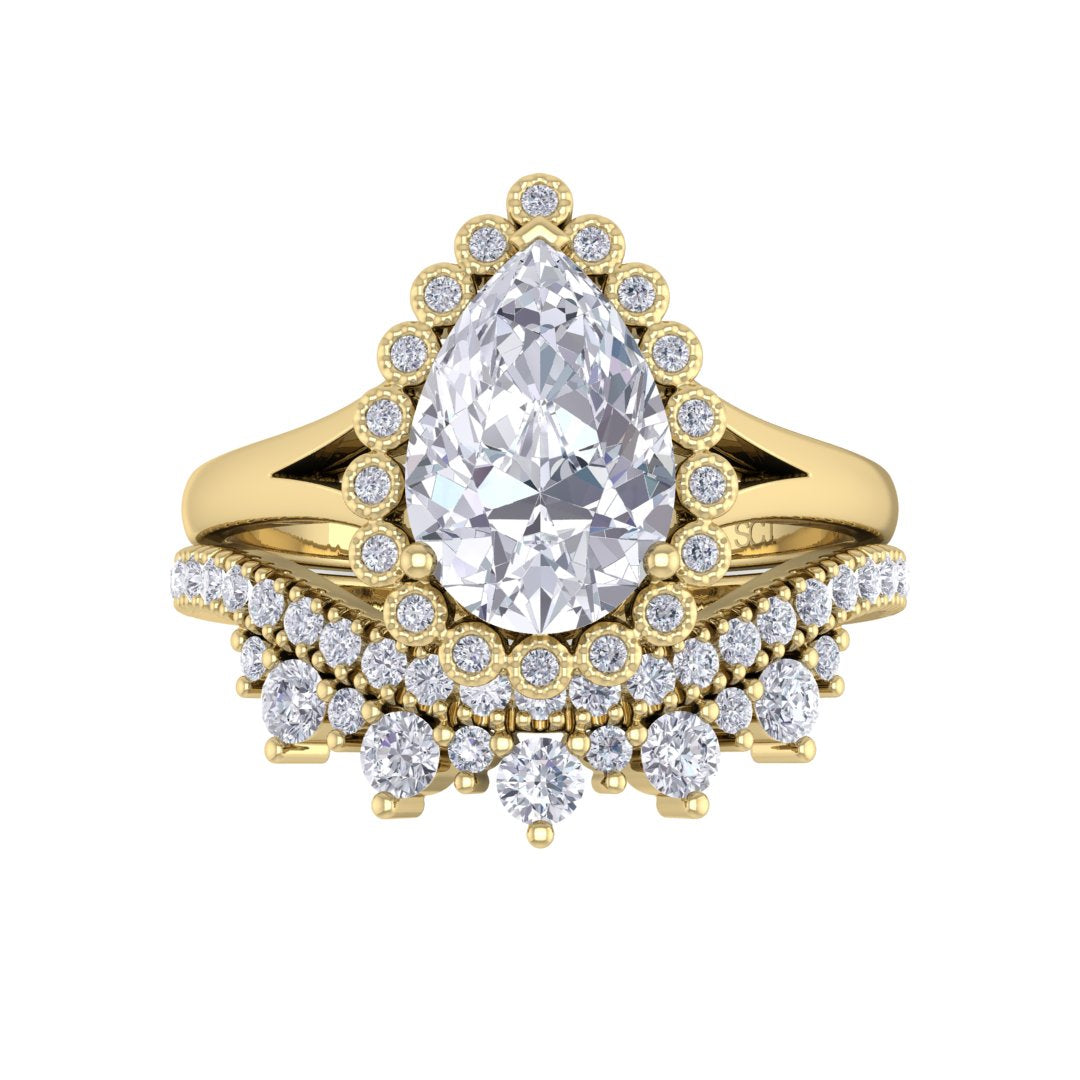 9k Yellow Gold 1.5ct Pear Diamond Halo Tiara Bridal Set 1.9tdw