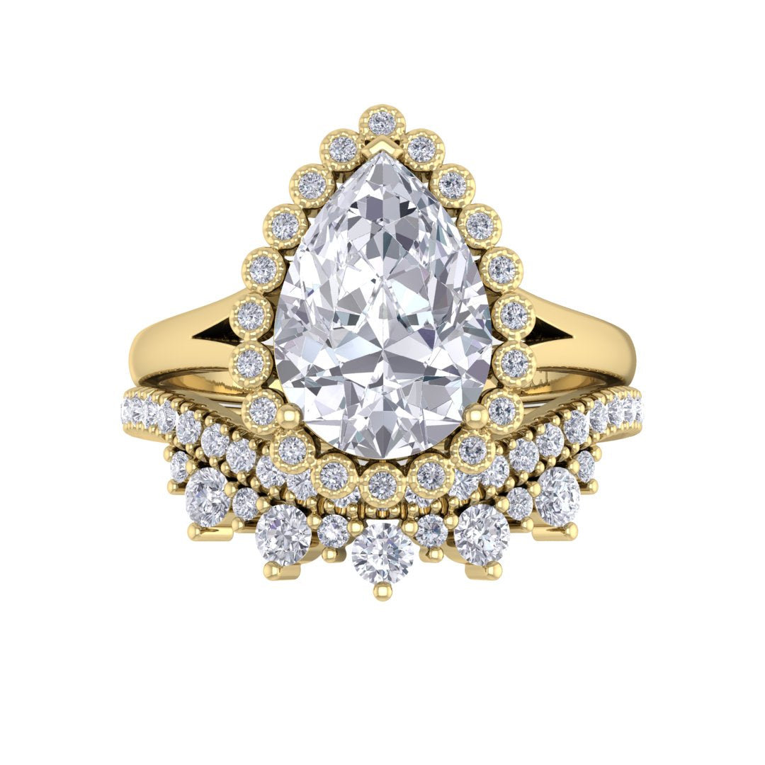 18k Yellow Gold 2.0ct Pear Diamond Halo Tiara Bridal Set 2.4tdw