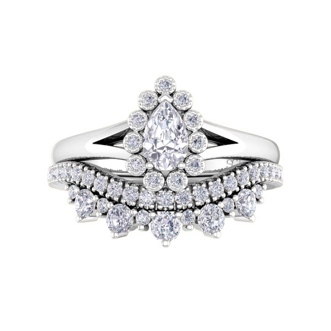 18k White Gold 0.33ct Pear Diamond Halo Tiara Bridal Set 0.73tdw