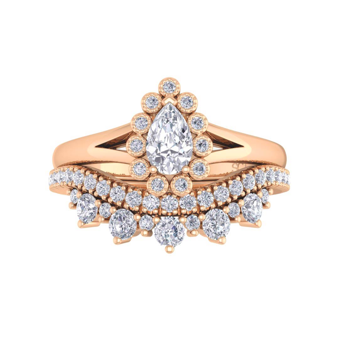 9k Rose Gold 0.33ct Pear Diamond Halo Tiara Bridal Set 0.73tdw