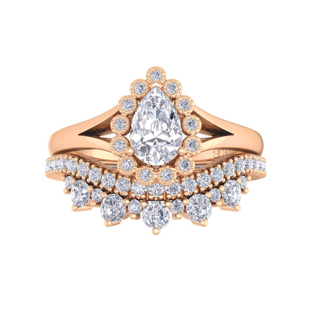 9k Rose Gold 0.5ct Pear Diamond Halo Tiara Bridal Set 0.9tdw