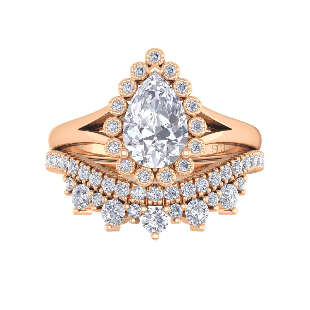 9k Rose Gold 0.75ct Pear Diamond Halo Tiara Bridal Set 1.15tdw