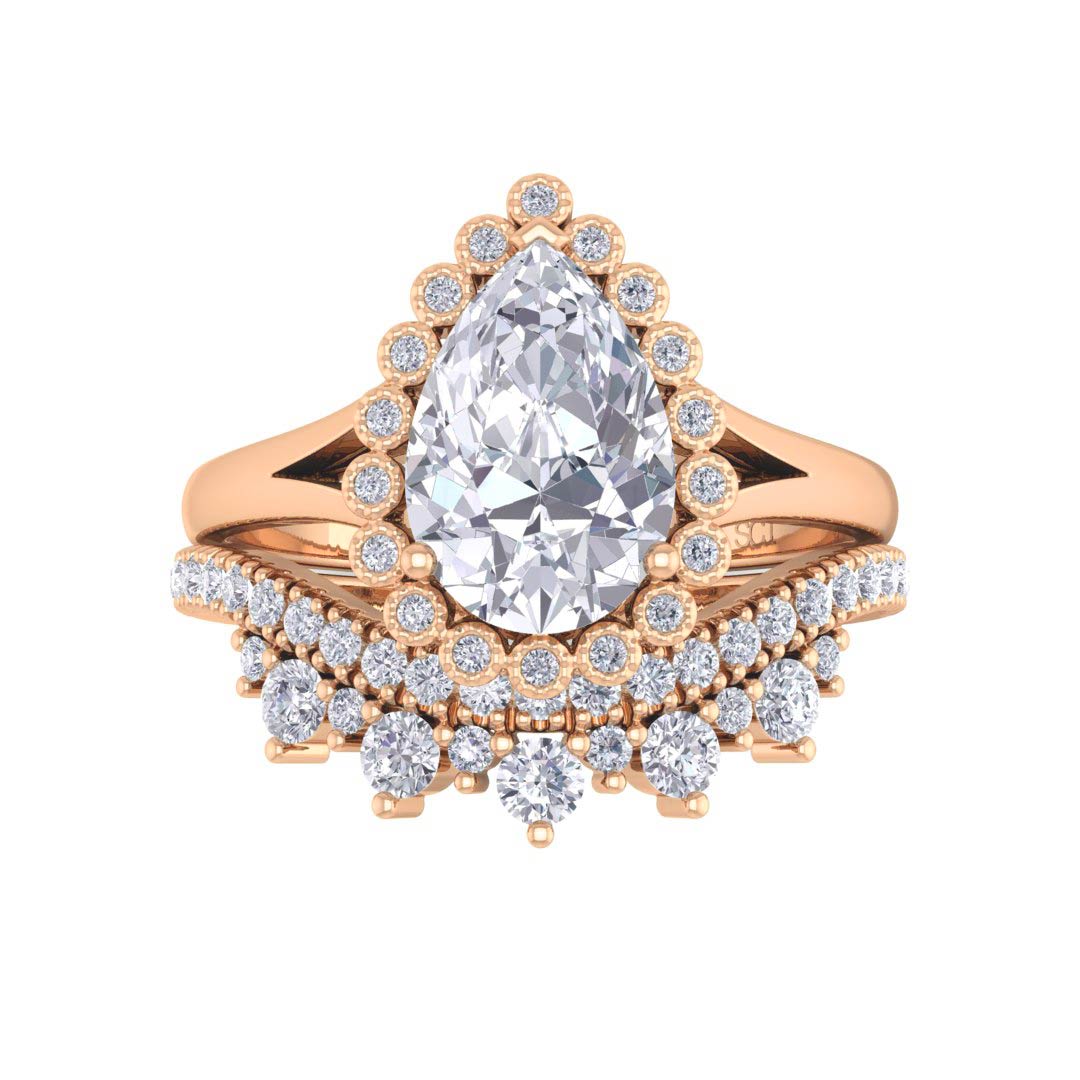 14k Rose Gold 1.5ct Pear Diamond Halo Tiara Bridal Set 1.9tdw