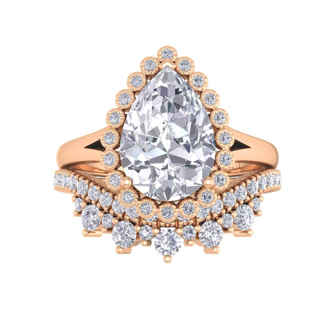 14k Rose Gold 2.0ct Pear Diamond Halo Tiara Bridal Set 2.4tdw