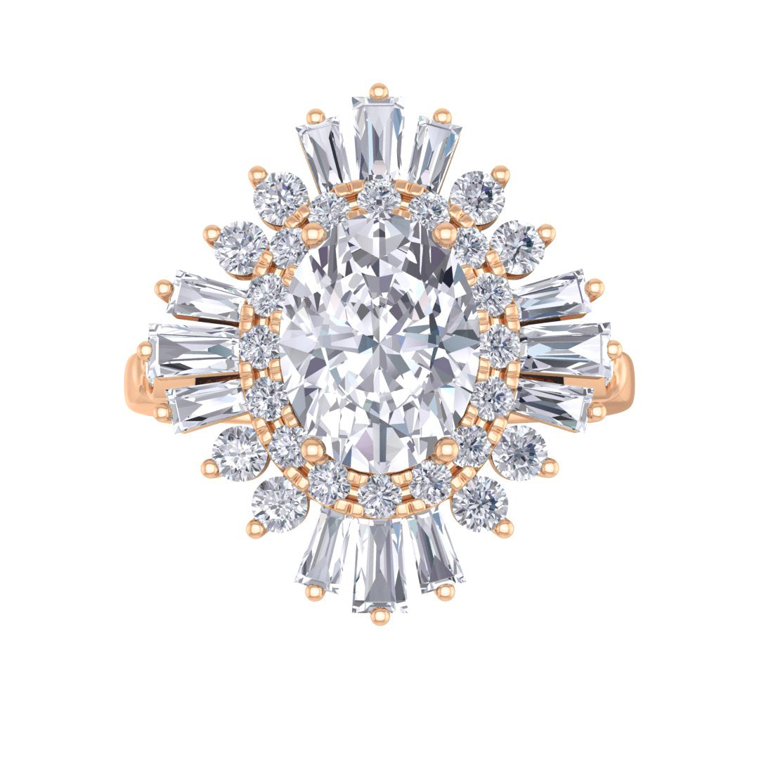 18k Rose Gold 1.5ct Oval Diamond Baguette Starburst Engagement Ring 2.0tdw
