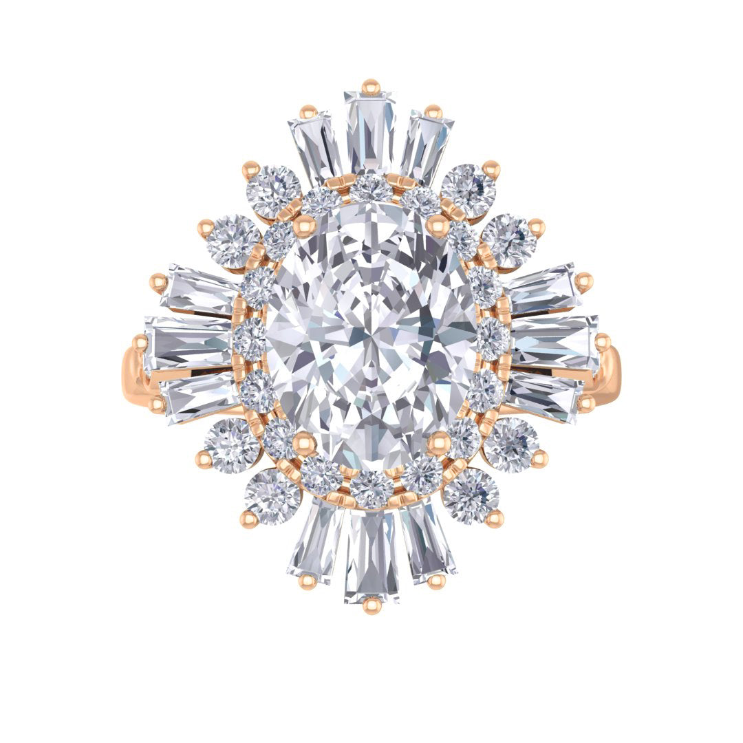 14k Rose Gold 2.0ct Oval Diamond Baguette Starburst Engagement Ring 2.5tdw