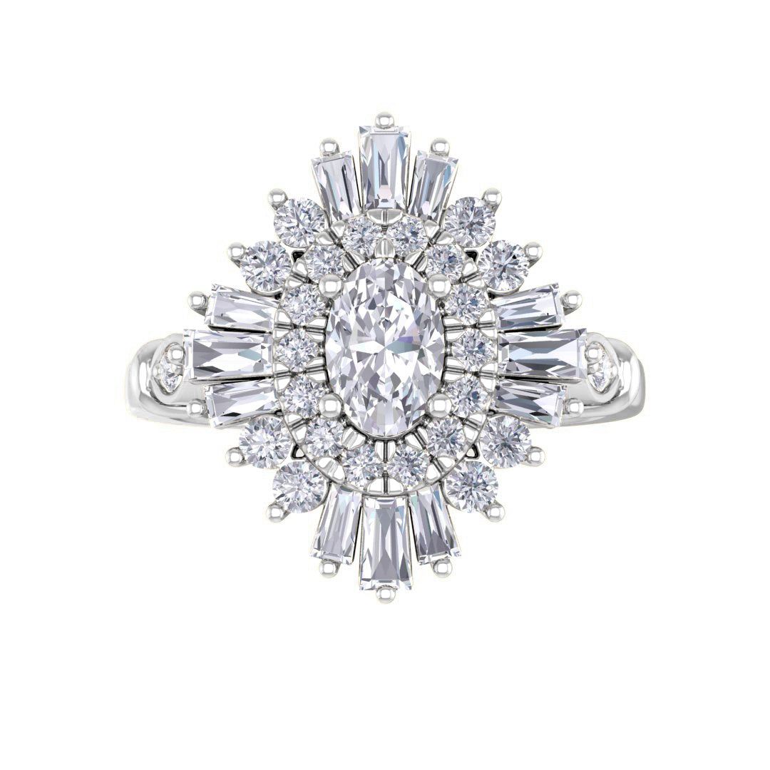 18k White Gold 0.33ct Oval Diamond Baguette Starburst Engagement Ring 0.83tdw
