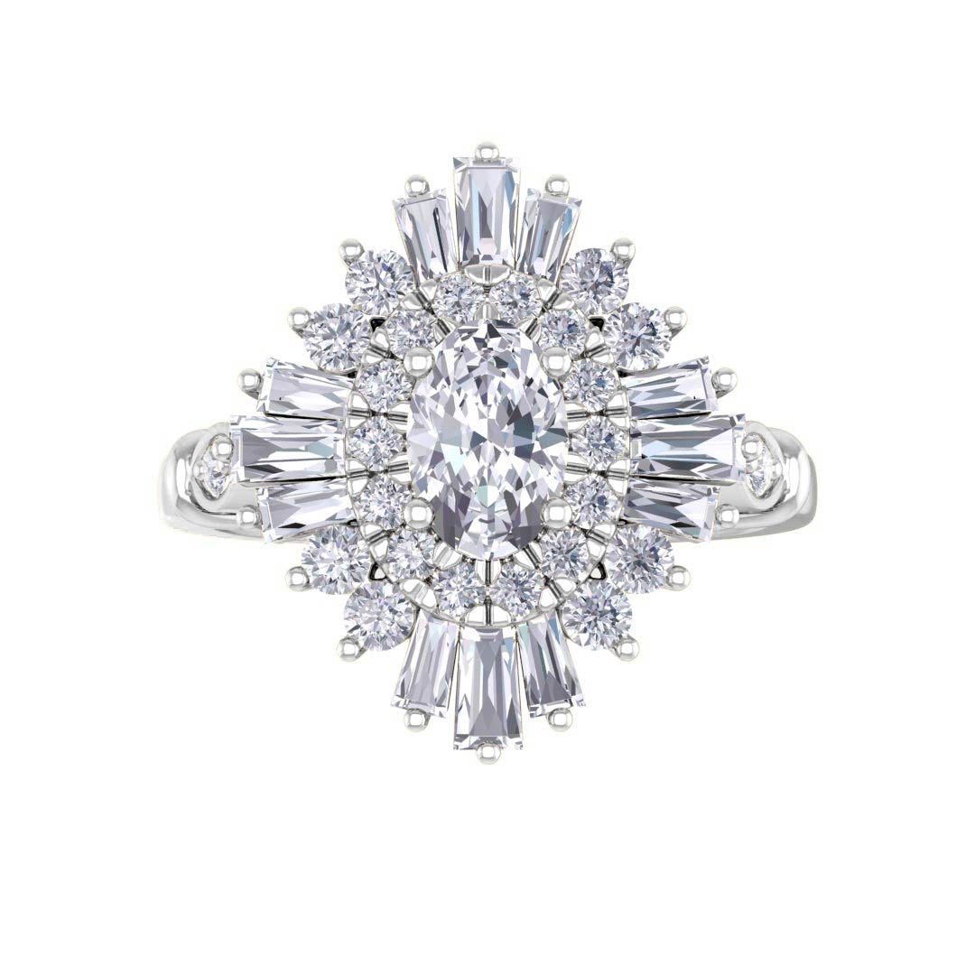 14k White Gold 0.5ct Oval Diamond Baguette Starburst Engagement Ring 1.0tdw