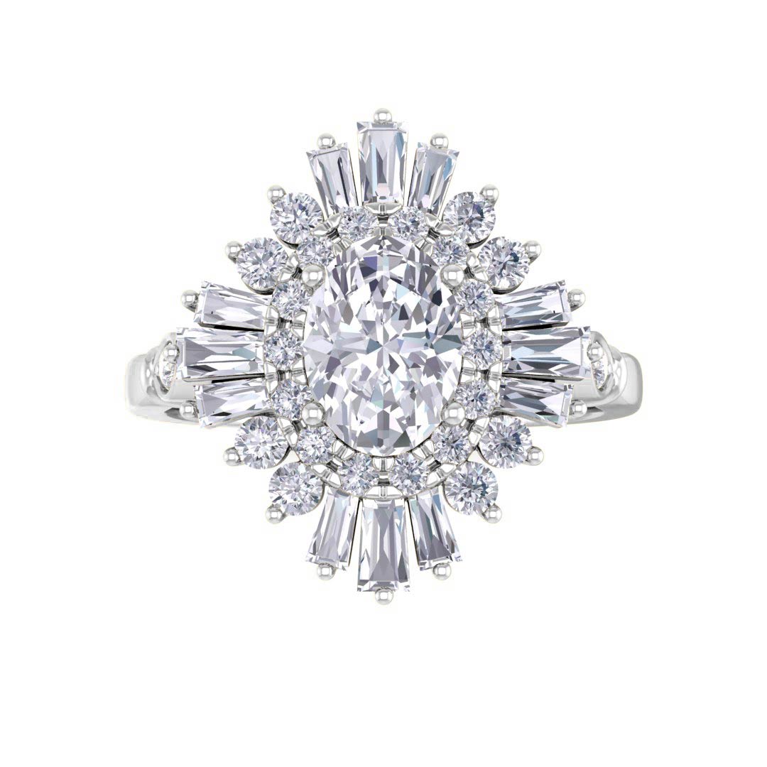 9k White Gold 0.75ct Oval Diamond Baguette Starburst Engagement Ring 1.25tdw