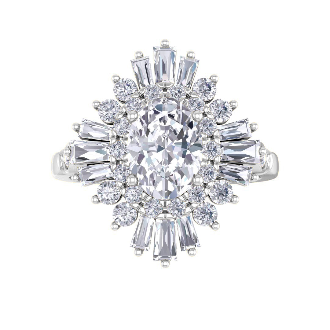 Platinum 1.0ct Oval Diamond Baguette Starburst Engagement Ring 1.5tdw