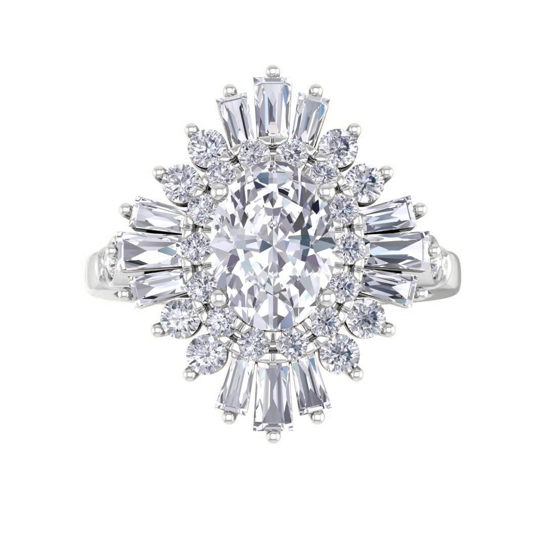 14k White Gold 1.0ct Oval Diamond Baguette Starburst Engagement Ring 1.5tdw