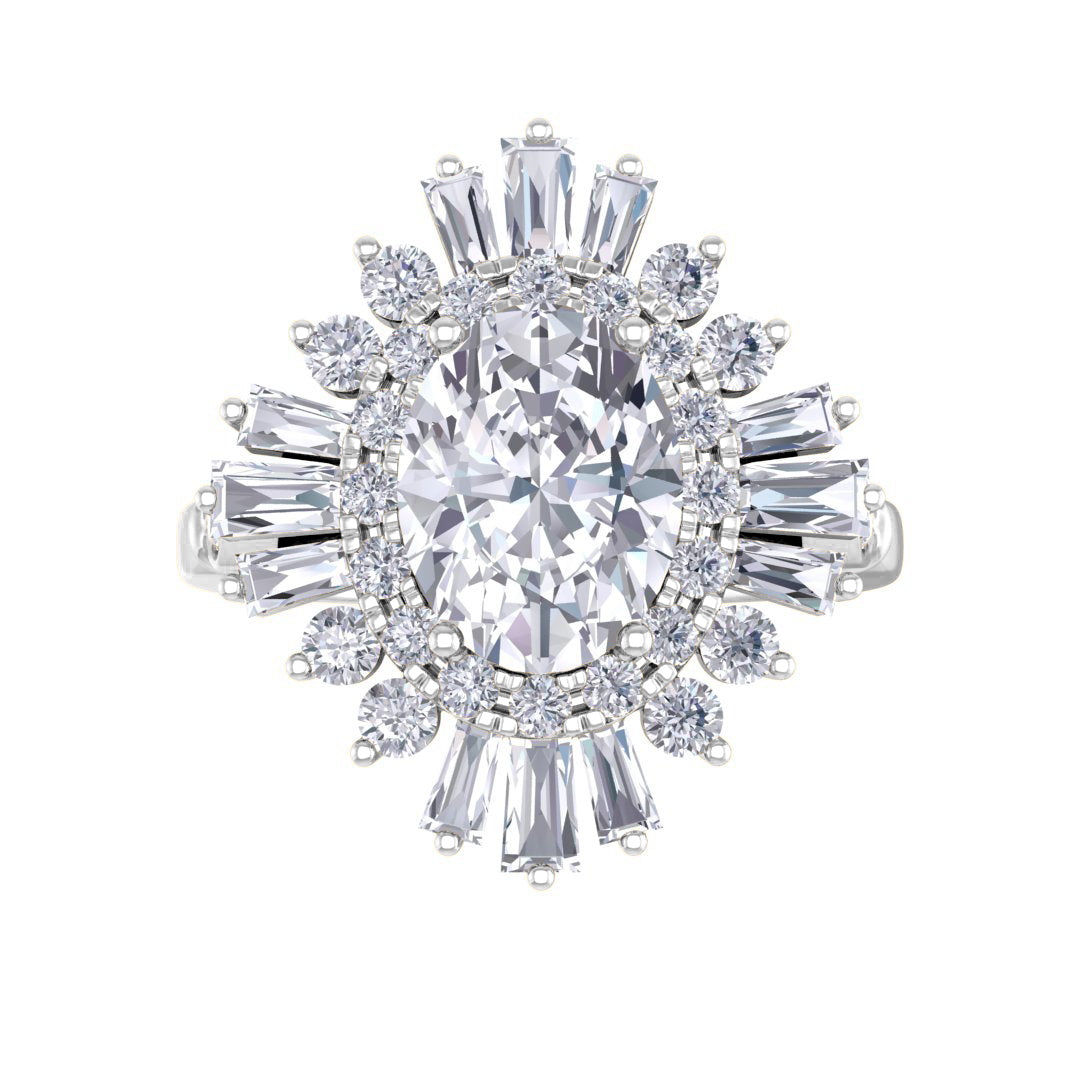 9k White Gold 1.5ct Oval Diamond Baguette Starburst Engagement Ring 2.0tdw