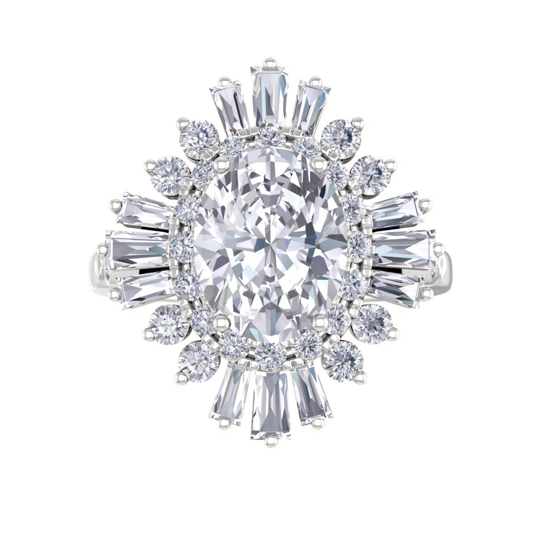 Platinum 2.0ct Oval Diamond Baguette Starburst Engagement Ring 2.5tdw