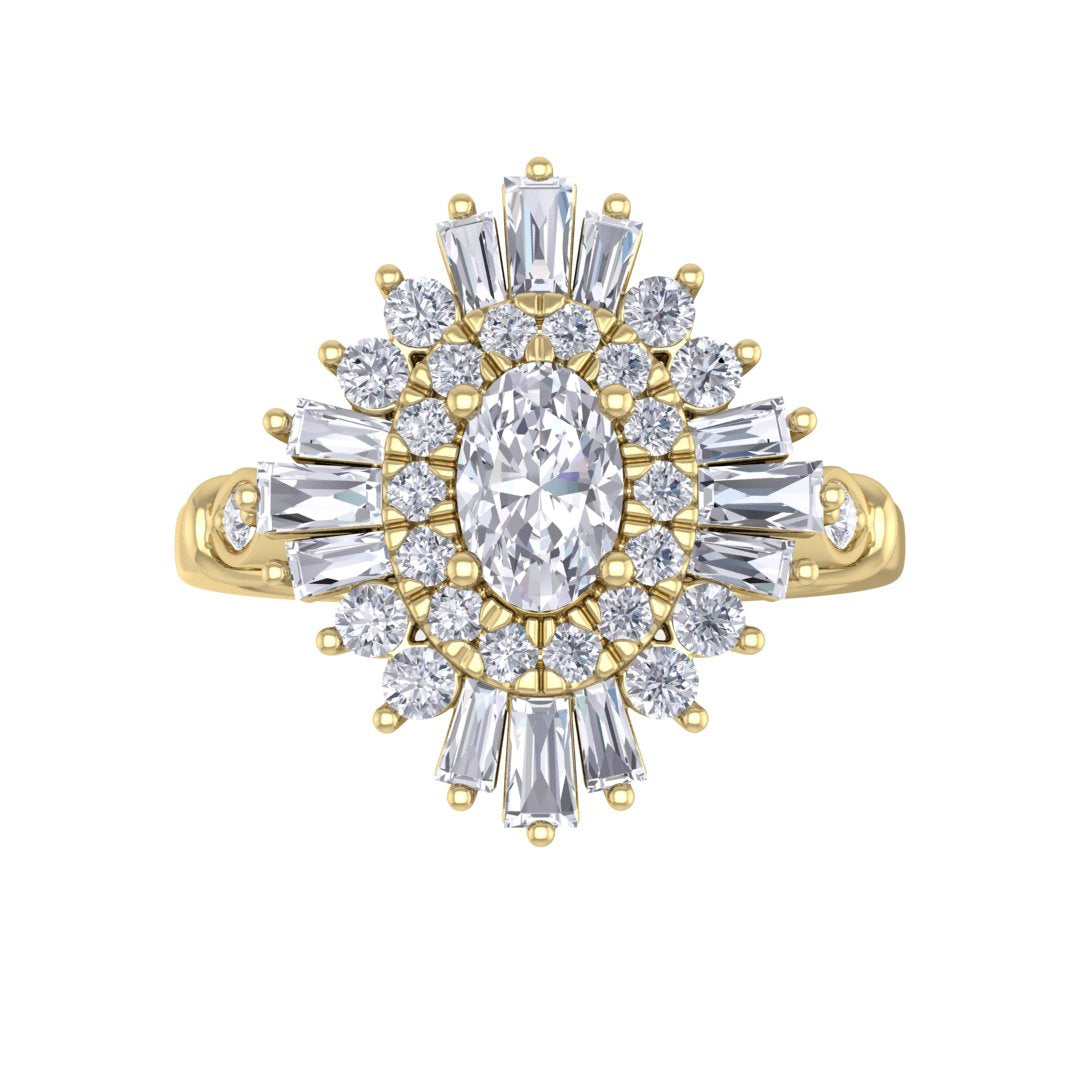 18k Yellow Gold 0.33ct Oval Diamond Baguette Starburst Engagement Ring 0.83tdw