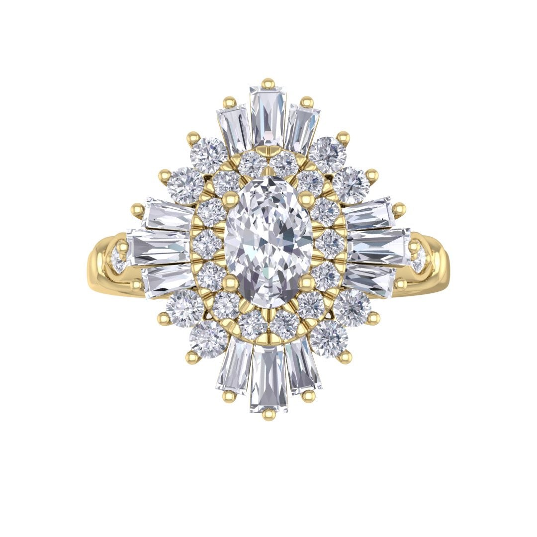 18k Yellow Gold 0.5ct Oval Diamond Baguette Starburst Engagement Ring 1.0tdw