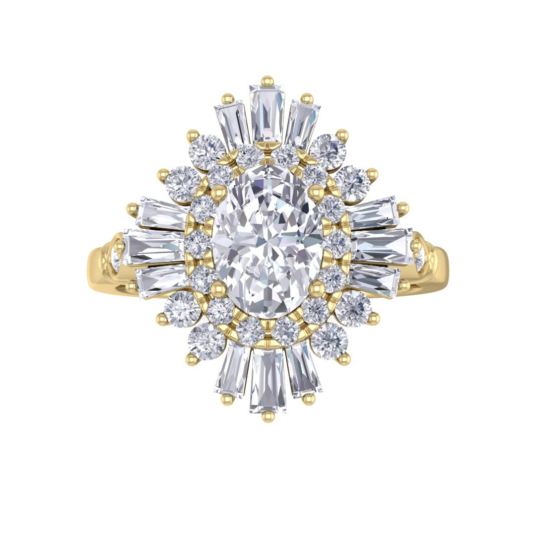 18k Yellow Gold 0.75ct Oval Diamond Baguette Starburst Engagement Ring 1.25tdw
