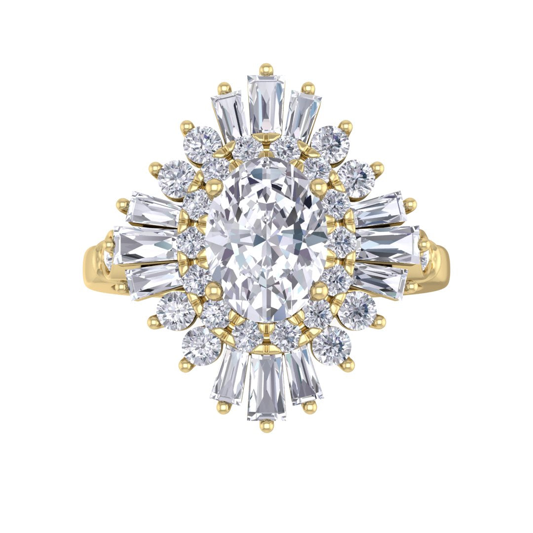 9k Yellow Gold 1.0ct Oval Diamond Baguette Starburst Engagement Ring 1.5tdw