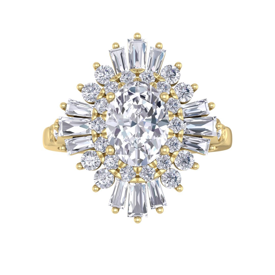9k Yellow Gold 1.0ct Oval Lab Diamond Baguette Starburst Engagement Ring 1.5tdw