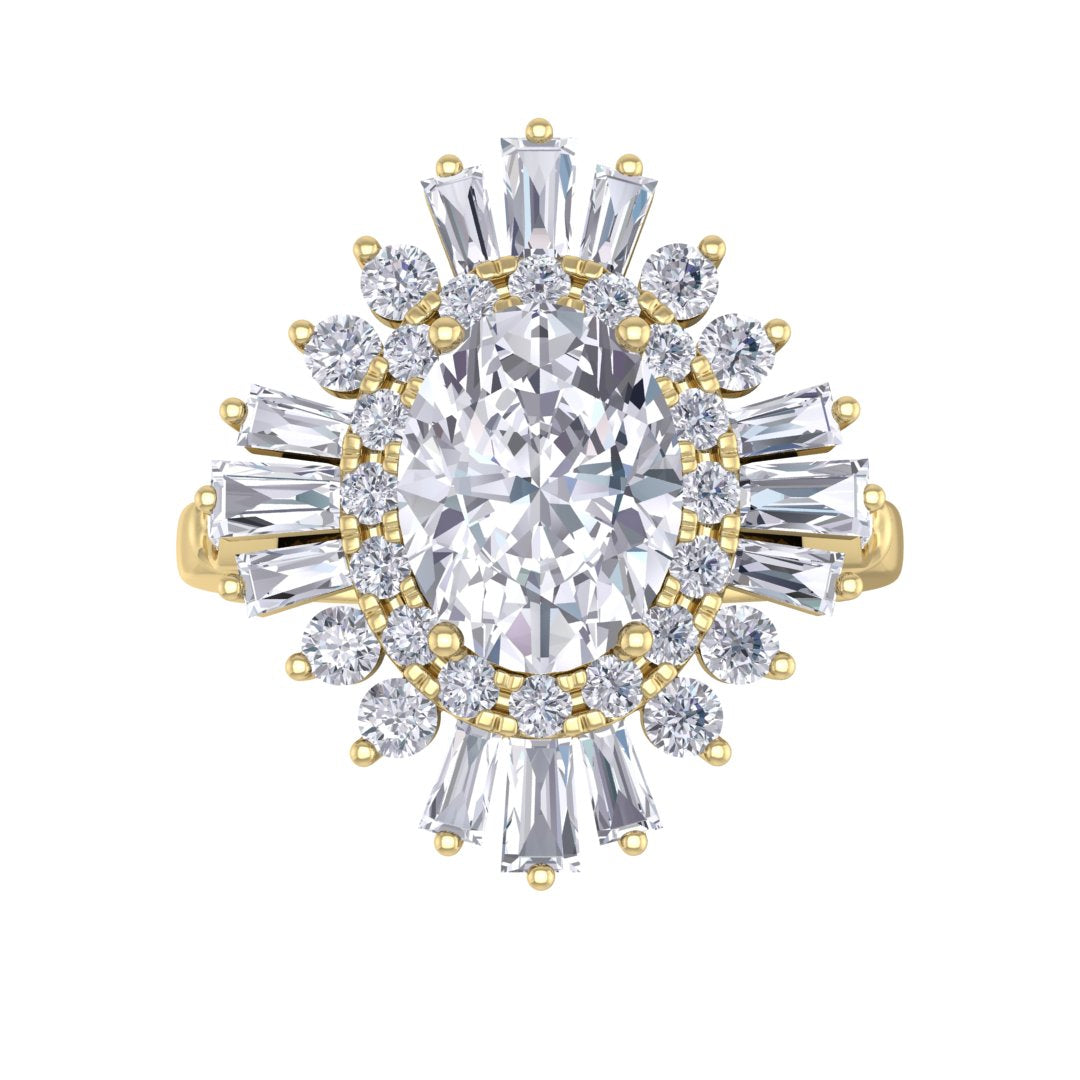 14k Yellow Gold 1.5ct Oval Diamond Baguette Starburst Engagement Ring 2.0tdw