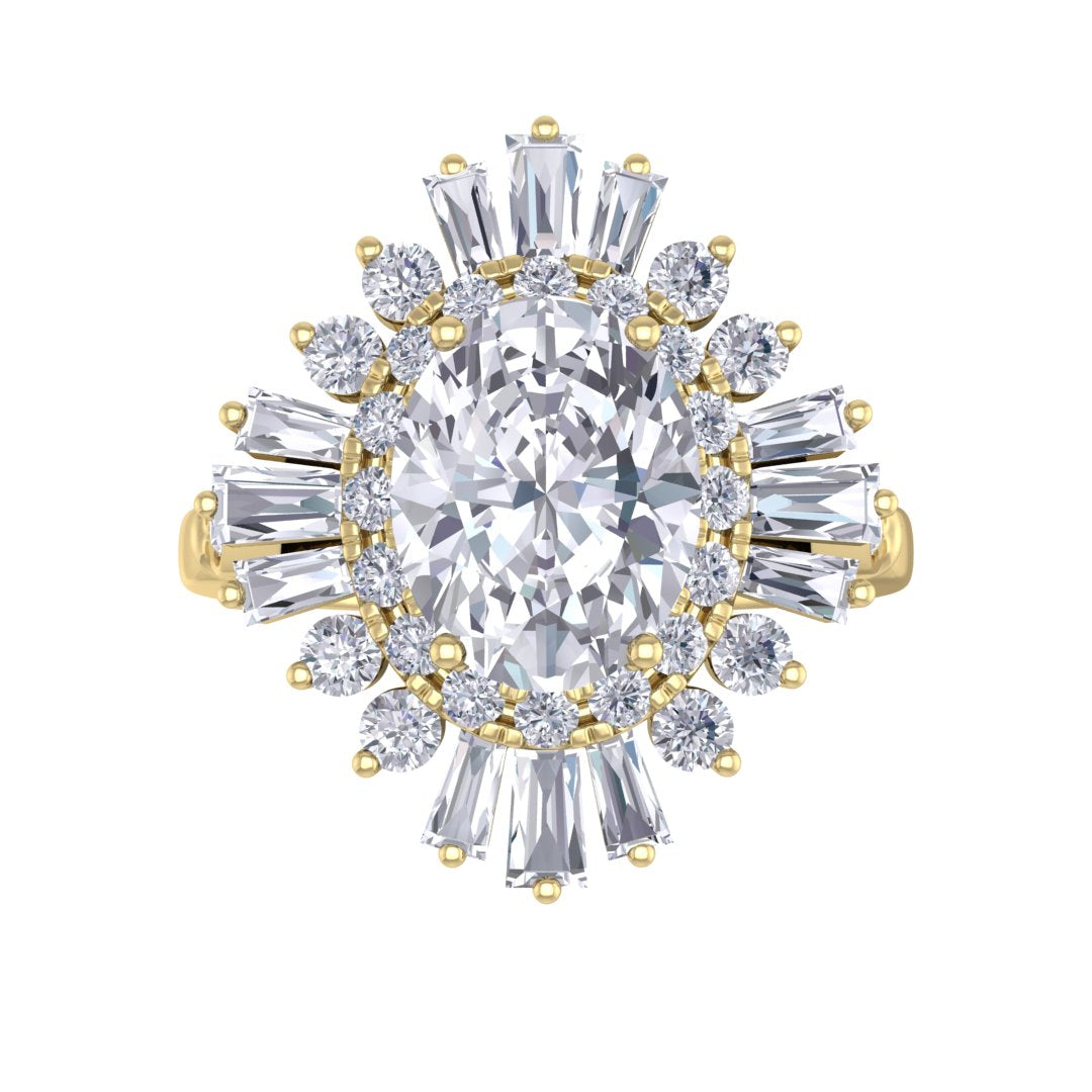 14k Yellow Gold 2.0ct Oval Diamond Baguette Starburst Engagement Ring 2.5tdw