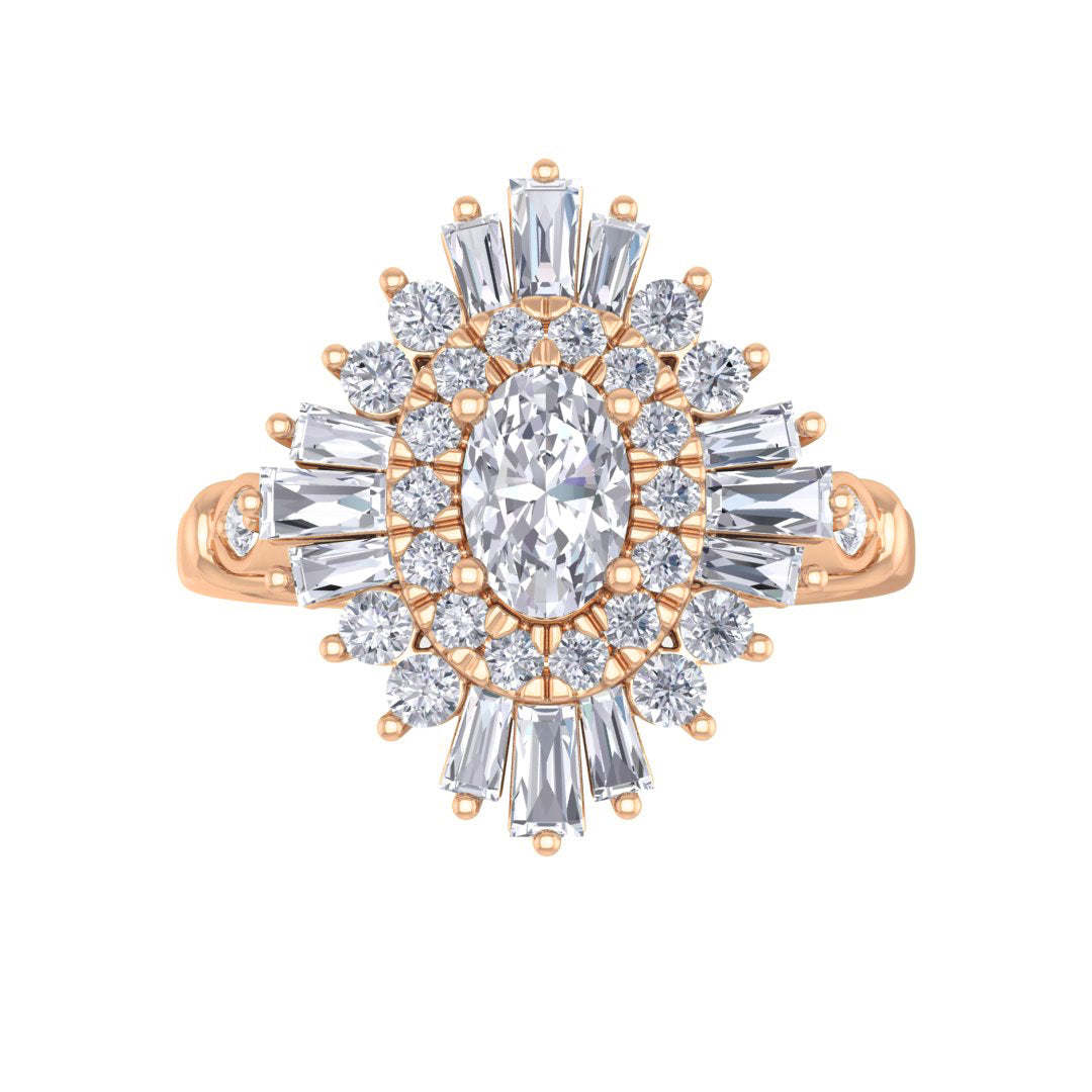 14k Rose Gold 0.33ct Oval Diamond Baguette Starburst Engagement Ring 0.83tdw