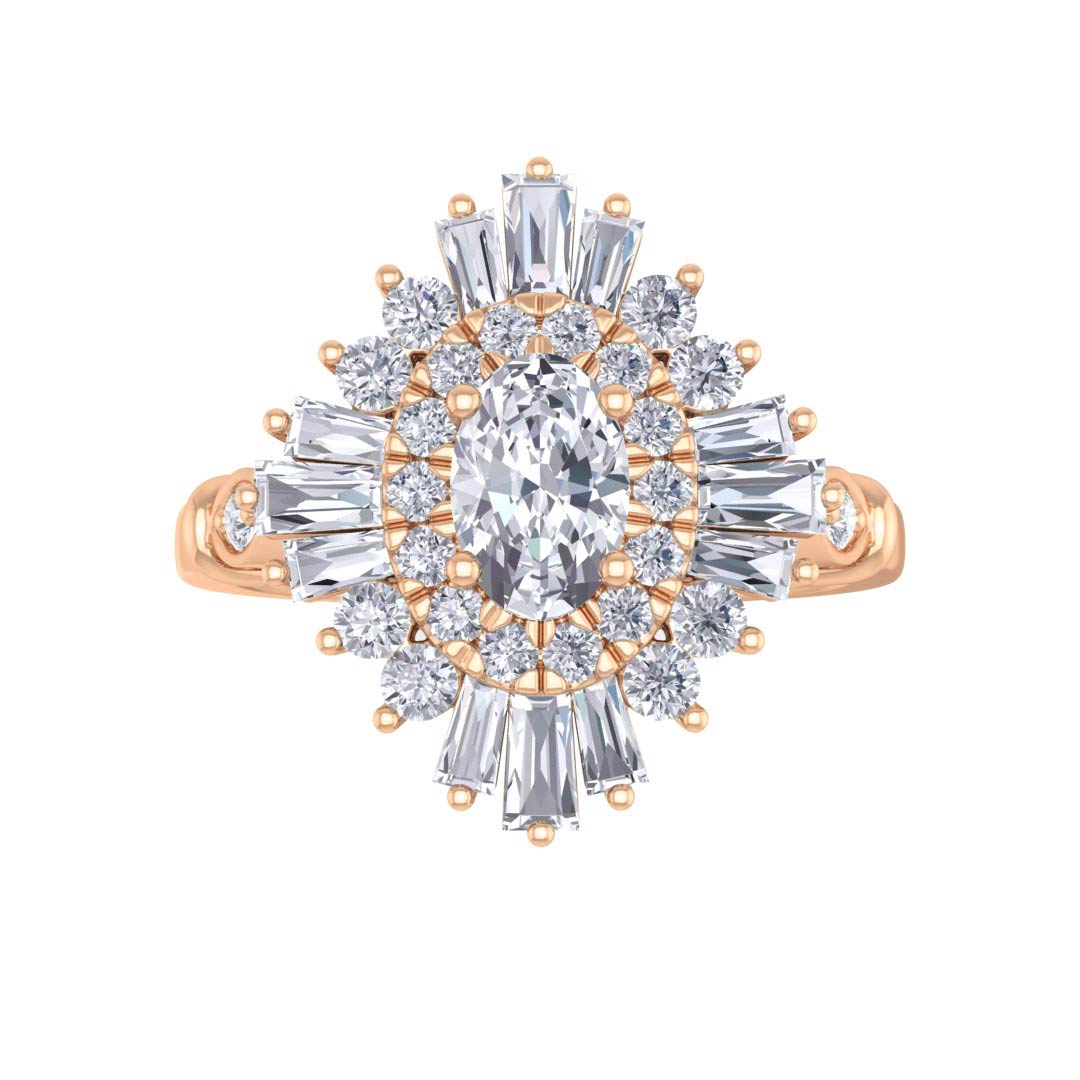 18k Rose Gold 0.5ct Oval Diamond Baguette Starburst Engagement Ring 1.0tdw