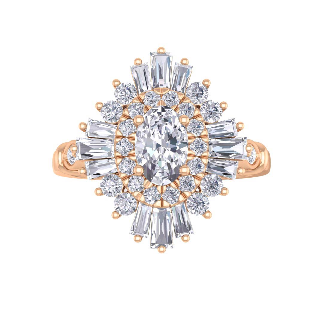 14k Rose Gold 0.5ct Oval Diamond Baguette Starburst Engagement Ring 1.0tdw