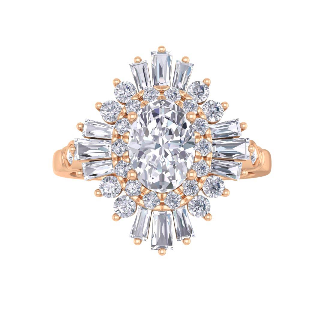 14k Rose Gold 0.75ct Oval Diamond Baguette Starburst Engagement Ring 1.25tdw