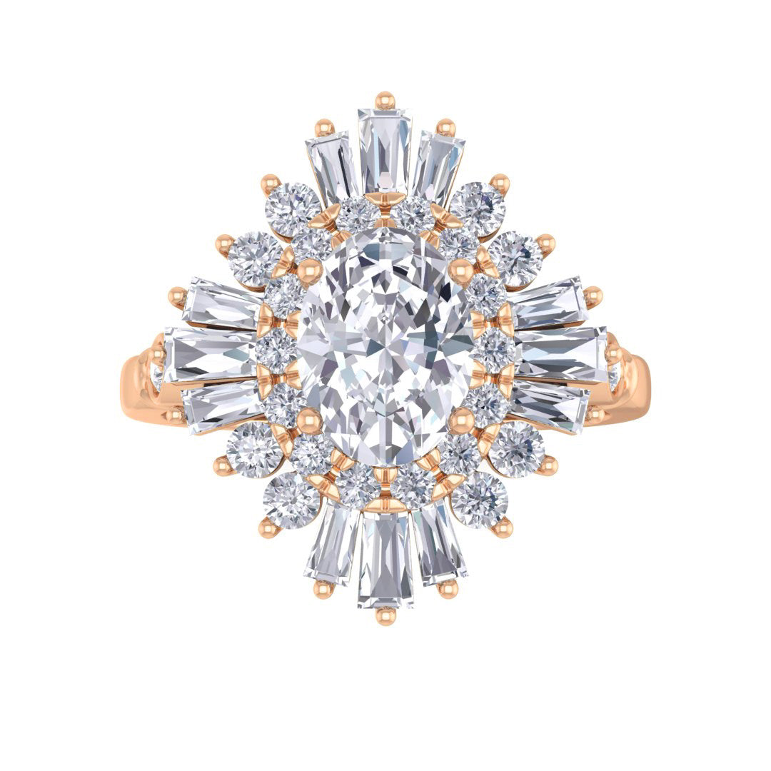 18k Rose Gold 1.0ct Oval Diamond Baguette Starburst Engagement Ring 1.5tdw